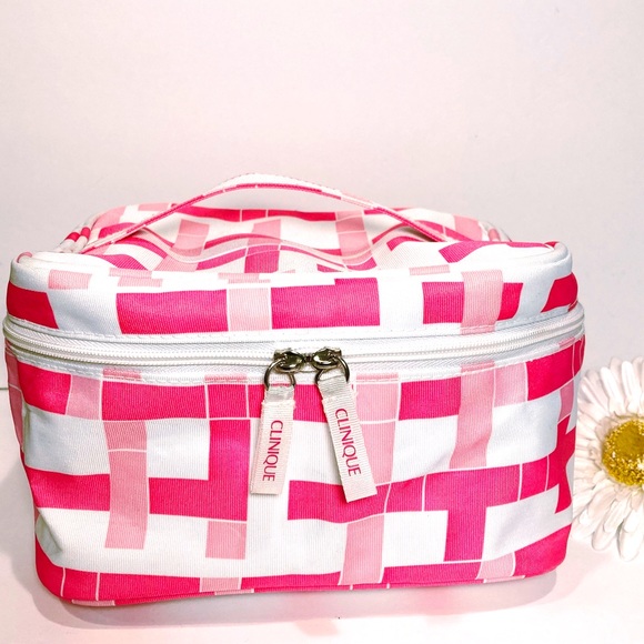 Clinique Handbags - Clinique Limited Edition Pink Plaid White Travel Cosmetic Bag Zips Handle NWOT